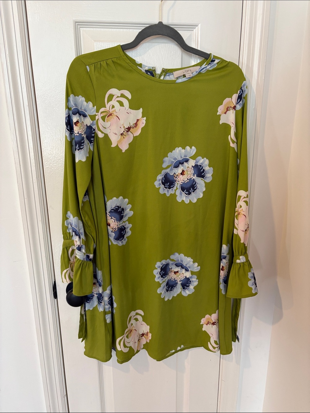 LOFT Olive Green Floral Long-Sleeve Dress